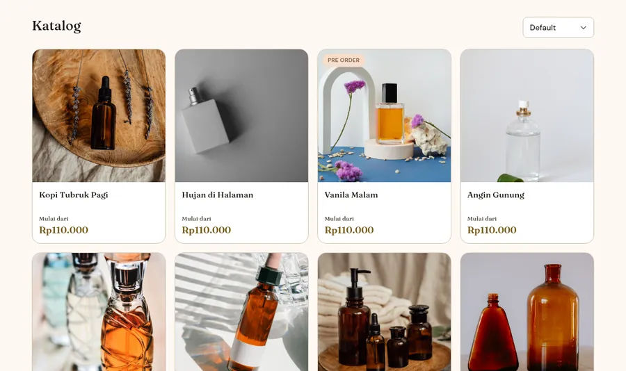 Tampilan katalog toko Otentik: daftar produk dengan foto, harga, dan badge PO