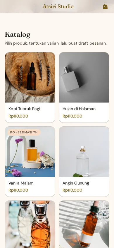 Tampilan katalog toko Otentik: daftar produk dengan foto, harga, dan badge PO