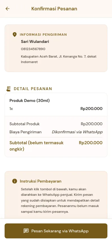 Tampilan daftar pesanan Otentik di layar HP