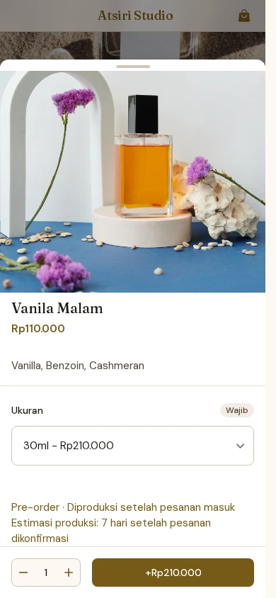 Tampilan produk pre-order di katalog Otentik, lengkap dengan estimasi produksi