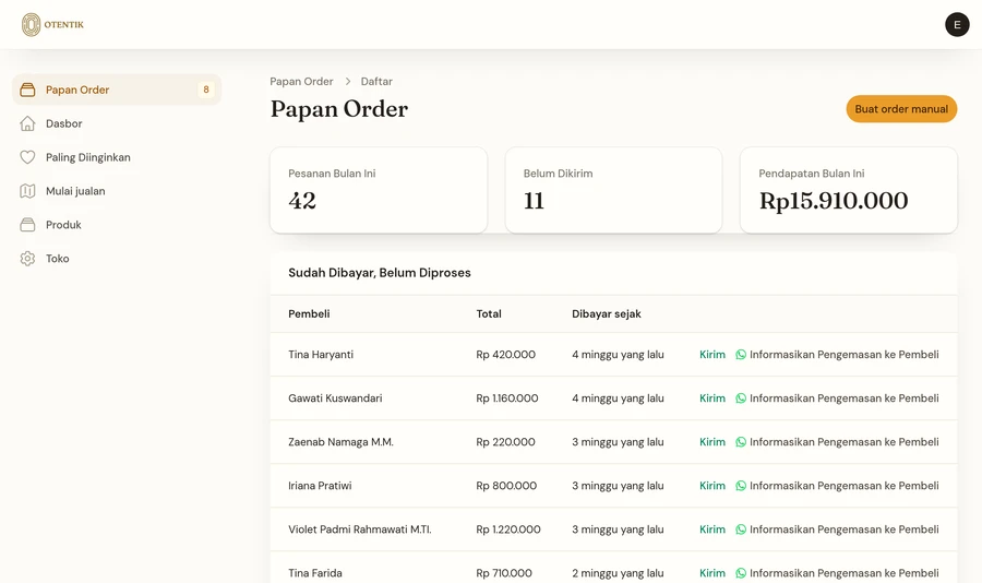 Tampilan Papan Order Otentik: daftar pesanan dengan status draf, lunas, dan siap kirim