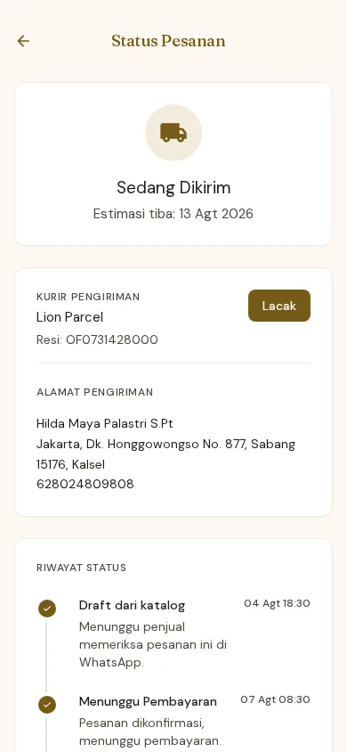Tampilan halaman tracking pesanan Otentik